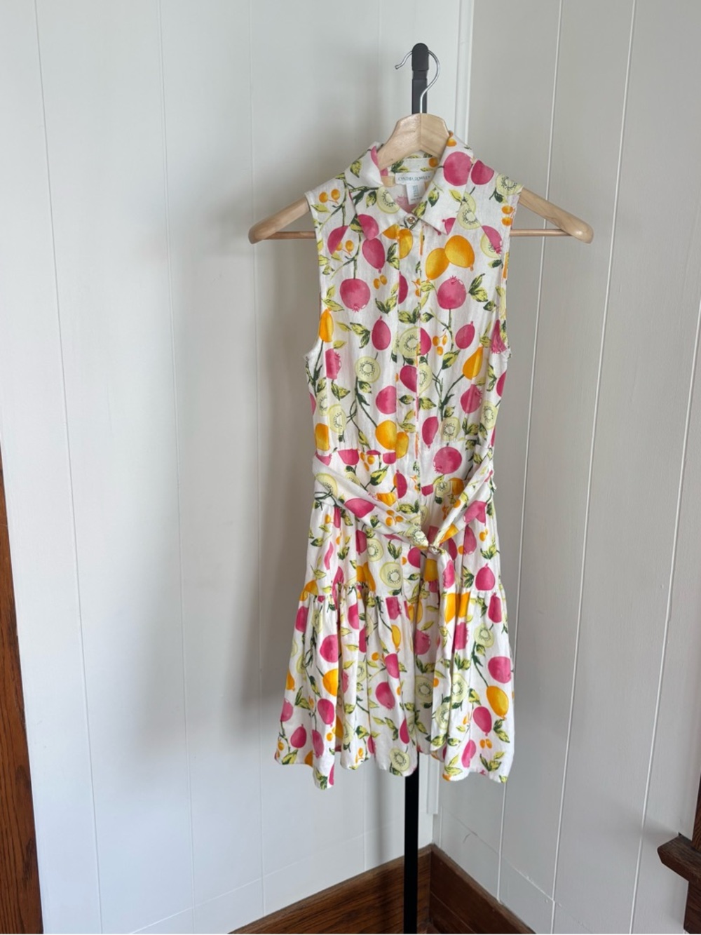 Cynthia Rowley Fruit Print Linen Blend Tiered Shirt Dress Belted Womens 2